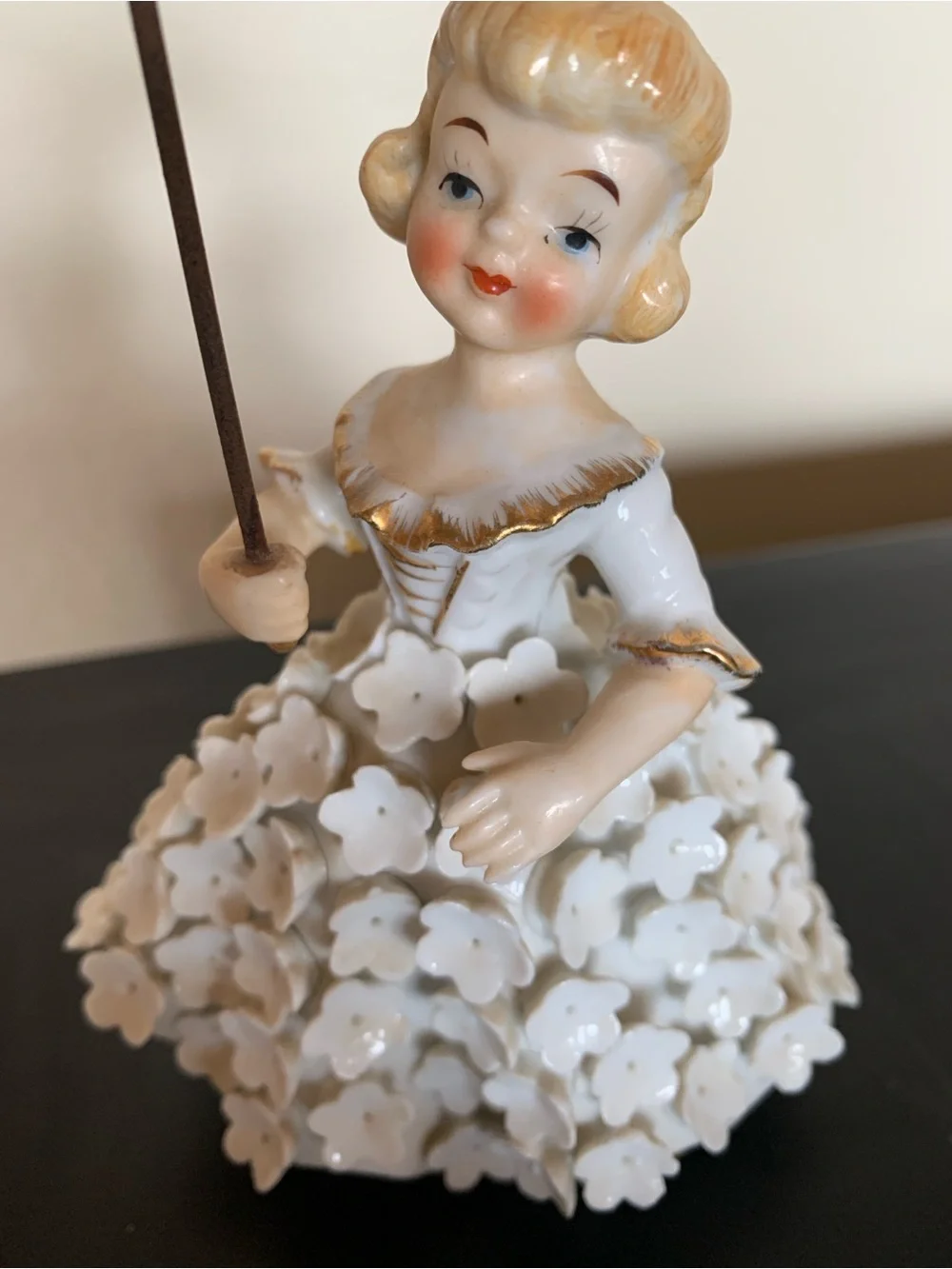 Vintage Porcelain Figurine Girl with Parasol - White and Gold Accents